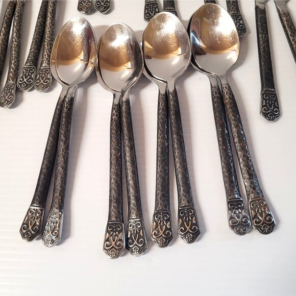 Flatware Gourmet Settings 27 Pc Avalon Barcelona 18/10 Stainless Black Hammered - Picture 6 of 9